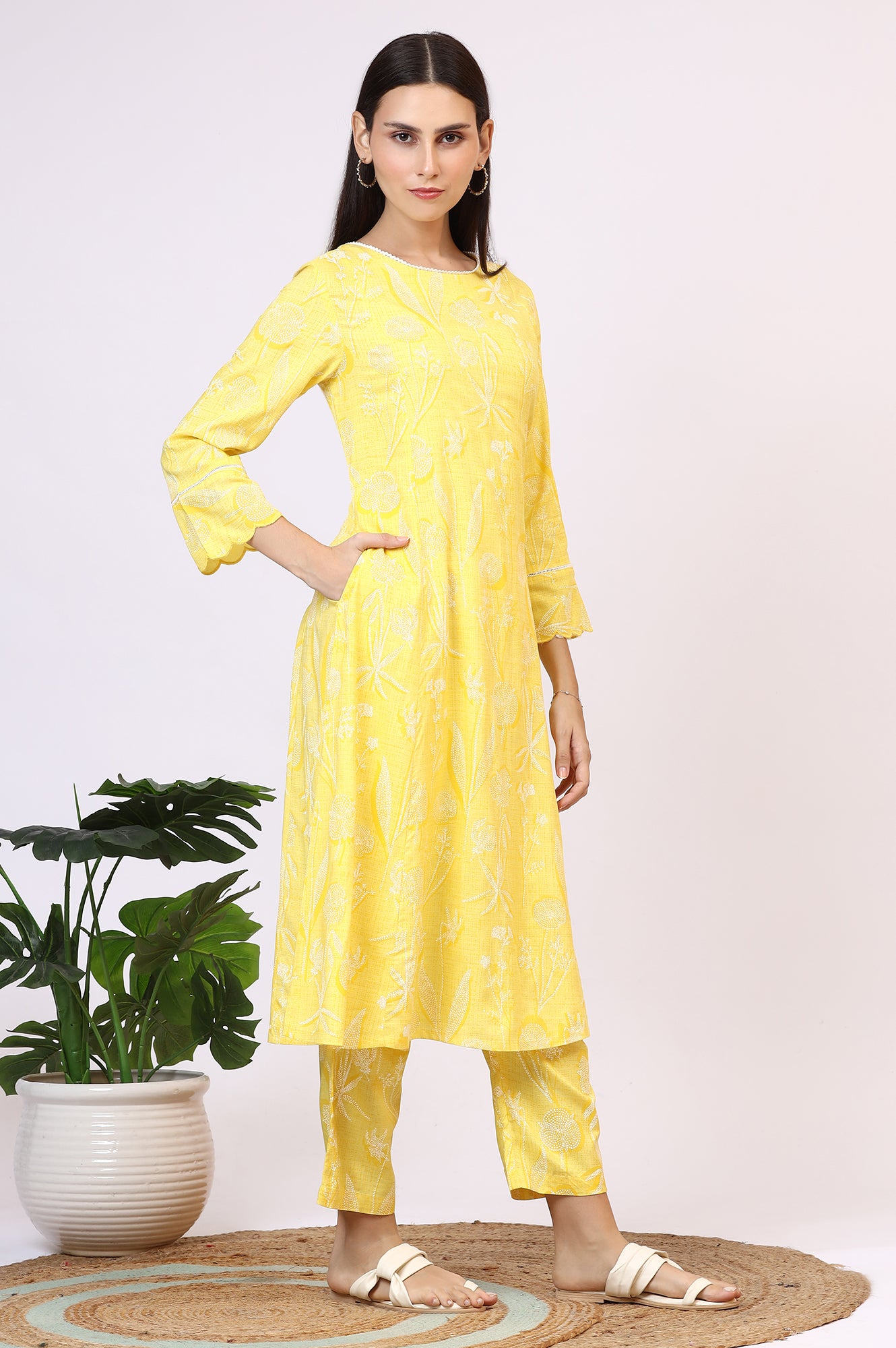 Yellow Floral Printed Rayon A-line Kurta and Pants Set