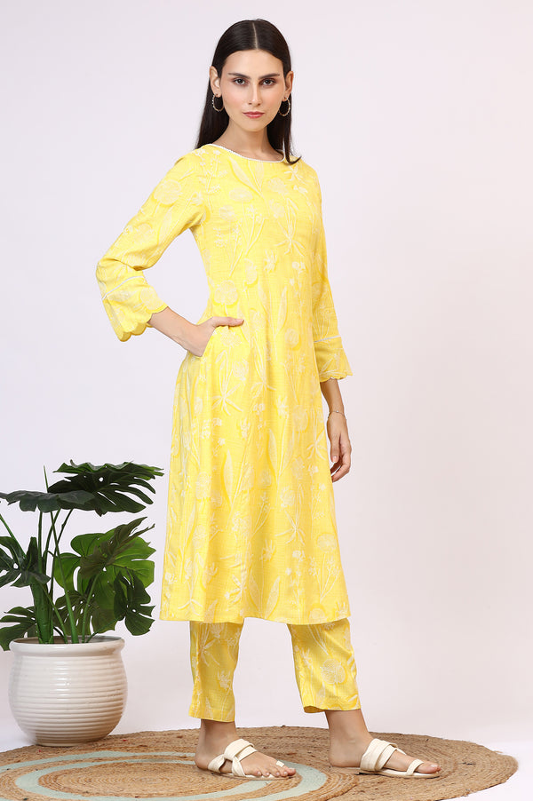 Yellow Floral Printed Rayon A-line Kurta and Pants Set