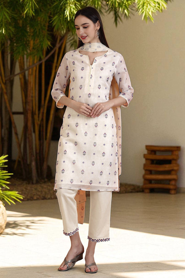 Light Beige Floral Printed Straight Kota Kurta, Pants and Dupatta Set