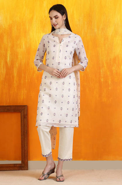 Light Beige Floral Printed Straight Kota Kurta, Pants and Dupatta Set
