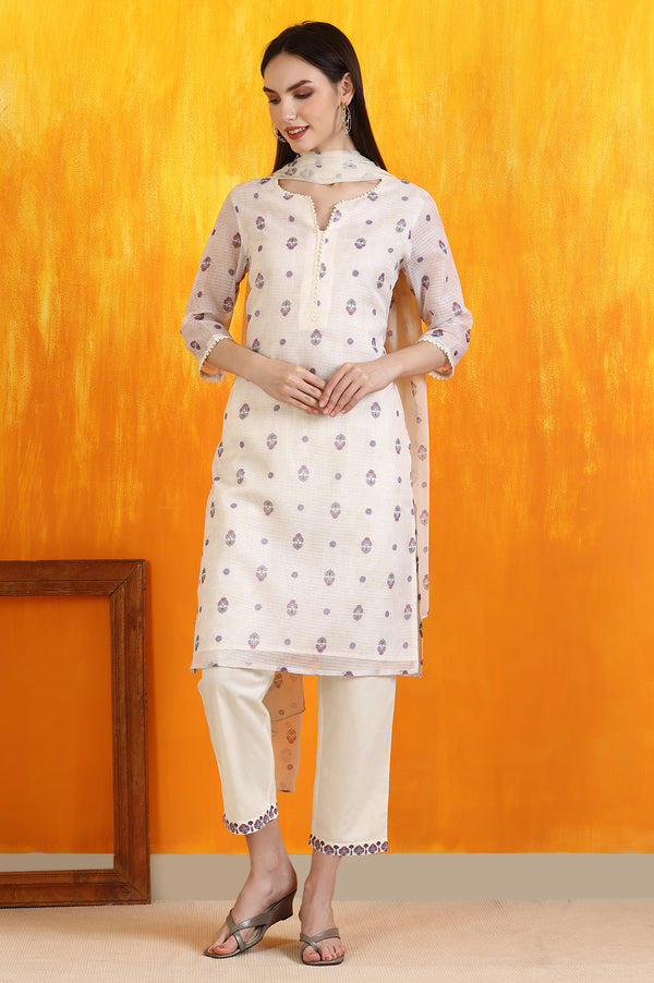 Light Beige Floral Printed Straight Kota Kurta, Pants and Dupatta Set