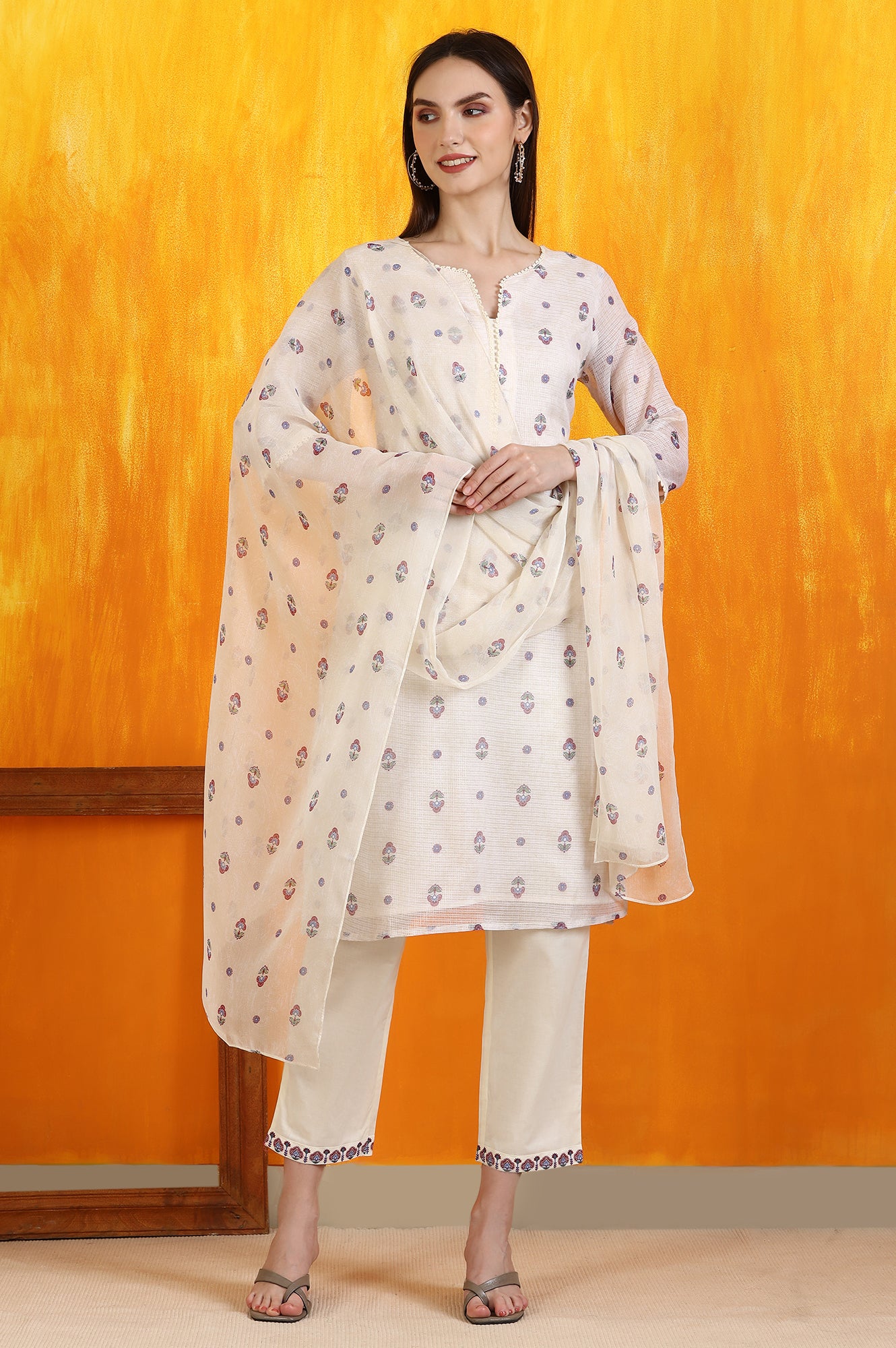 Light Beige Floral Printed Straight Kota Kurta, Pants and Dupatta Set