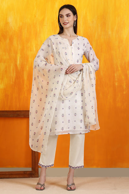 Light Beige Floral Printed Straight Kota Kurta, Pants and Dupatta Set