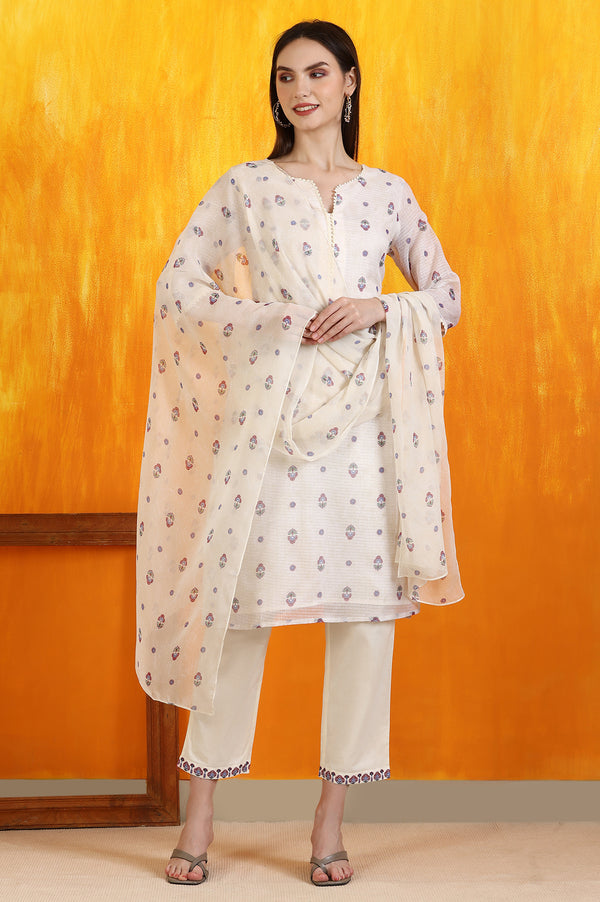 Light Beige Floral Printed Straight Kota Kurta, Pants and Dupatta Set