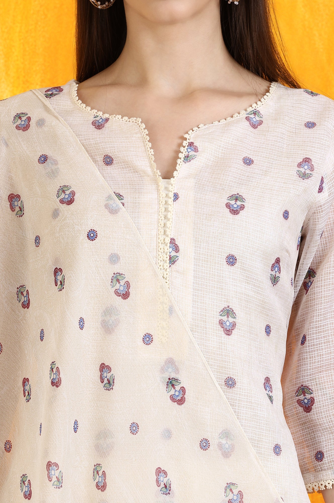 Light Beige Floral Printed Straight Kota Kurta, Pants and Dupatta Set