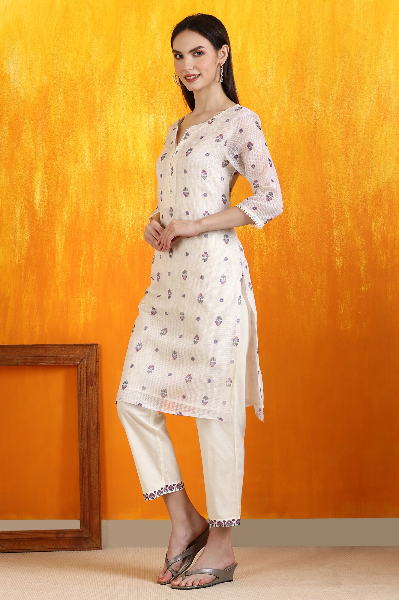 Light Beige Floral Printed Straight Kota Kurta, Pants and Dupatta Set