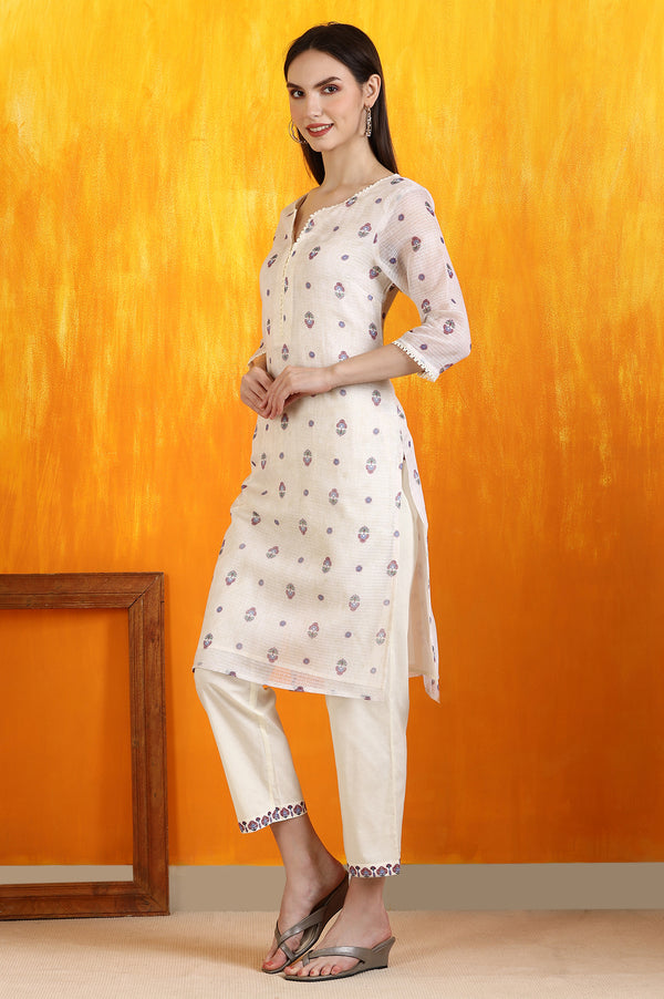Light Beige Floral Printed Straight Kota Kurta, Pants and Dupatta Set