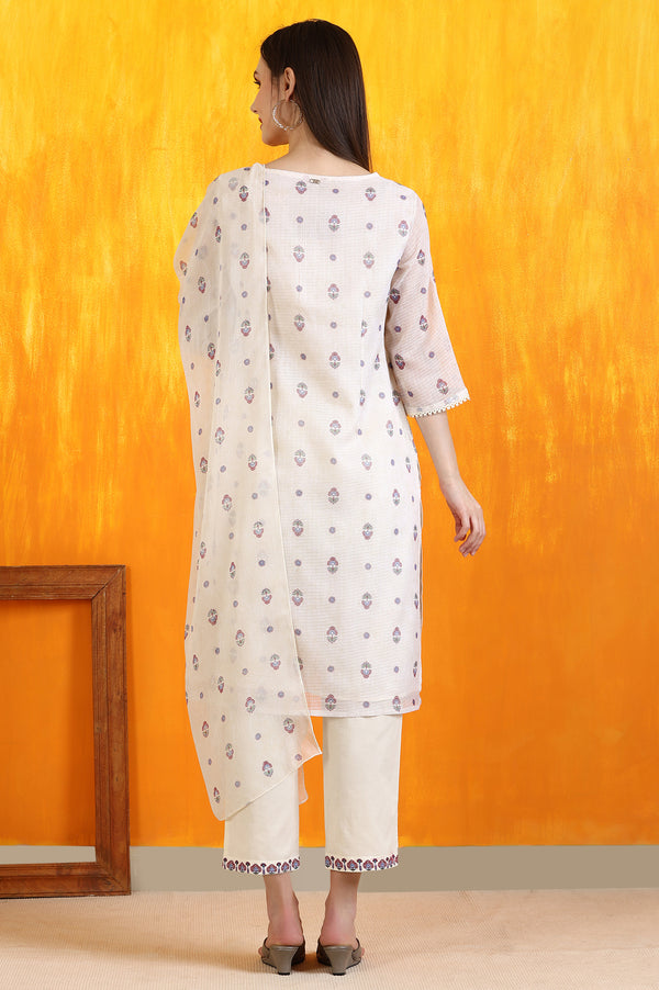 Light Beige Floral Printed Straight Kota Kurta, Pants and Dupatta Set
