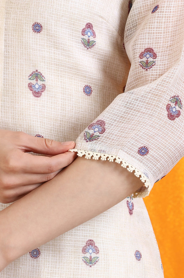 Light Beige Floral Printed Straight Kota Kurta, Pants and Dupatta Set