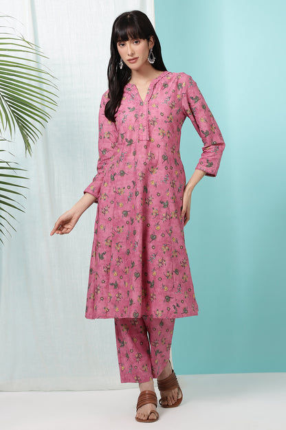 Pink Floral Printed Pure Cotton A-line Kurta and Pants Co-ord Set
