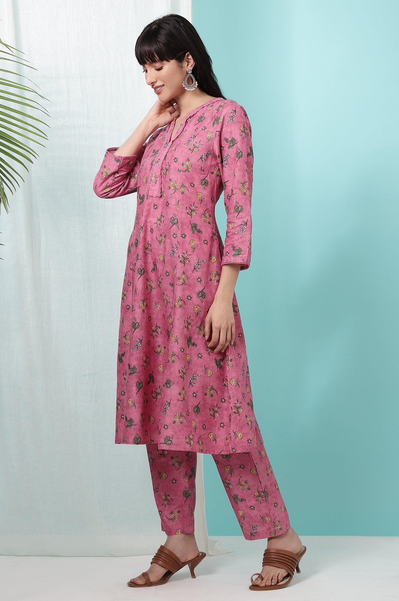 Pink Floral Printed Pure Cotton A-line Kurta and Pants Co-ord Set