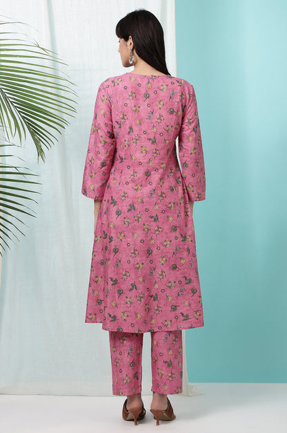 Pink Floral Printed Pure Cotton A-line Kurta and Pants Co-ord Set