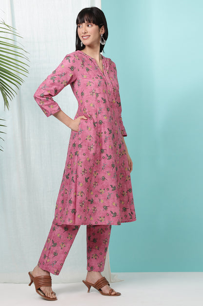 Pink Floral Printed Pure Cotton A-line Kurta and Pants Co-ord Set