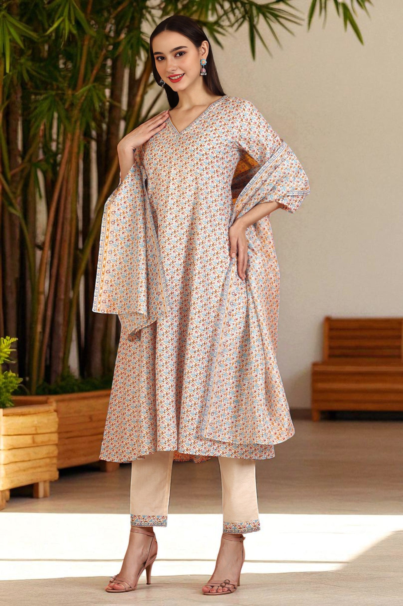 Off-White Floral Printed Pure Cotton Flared Kurta, Pants and Dupatta Set