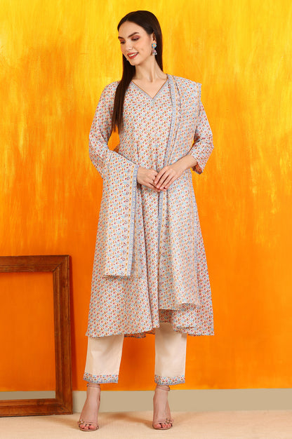 Off-White Floral Printed Pure Cotton Flared Kurta, Pants and Dupatta Set