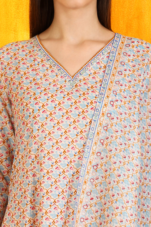 Off-White Floral Printed Pure Cotton Flared Kurta, Pants and Dupatta Set