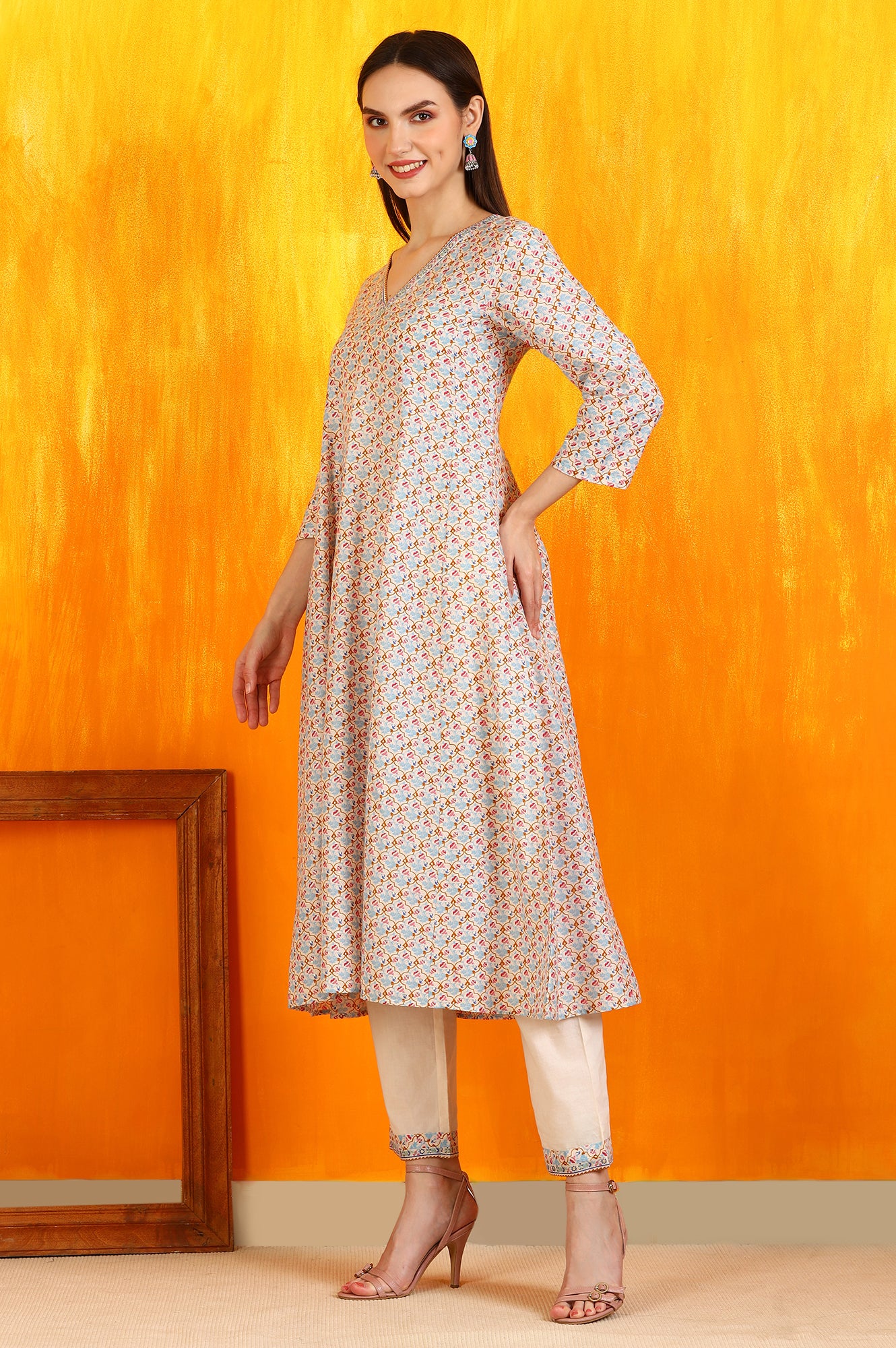 Off-White Floral Printed Pure Cotton Flared Kurta, Pants and Dupatta Set