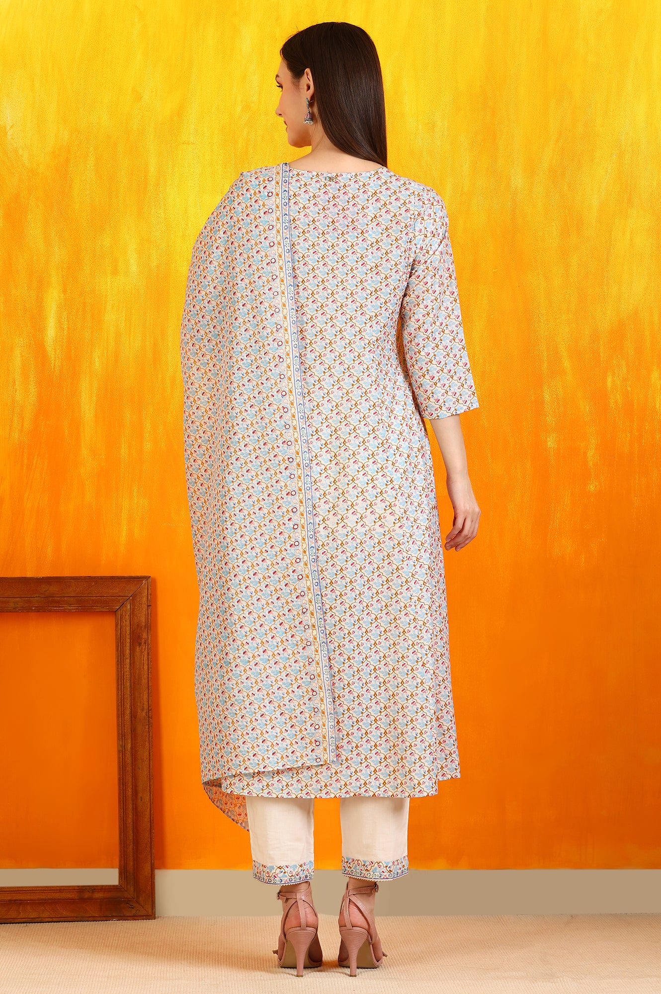 Off-White Floral Printed Pure Cotton Flared Kurta, Pants and Dupatta Set
