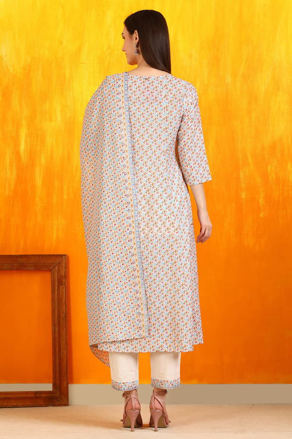 Off-White Floral Printed Pure Cotton Flared Kurta, Pants and Dupatta Set