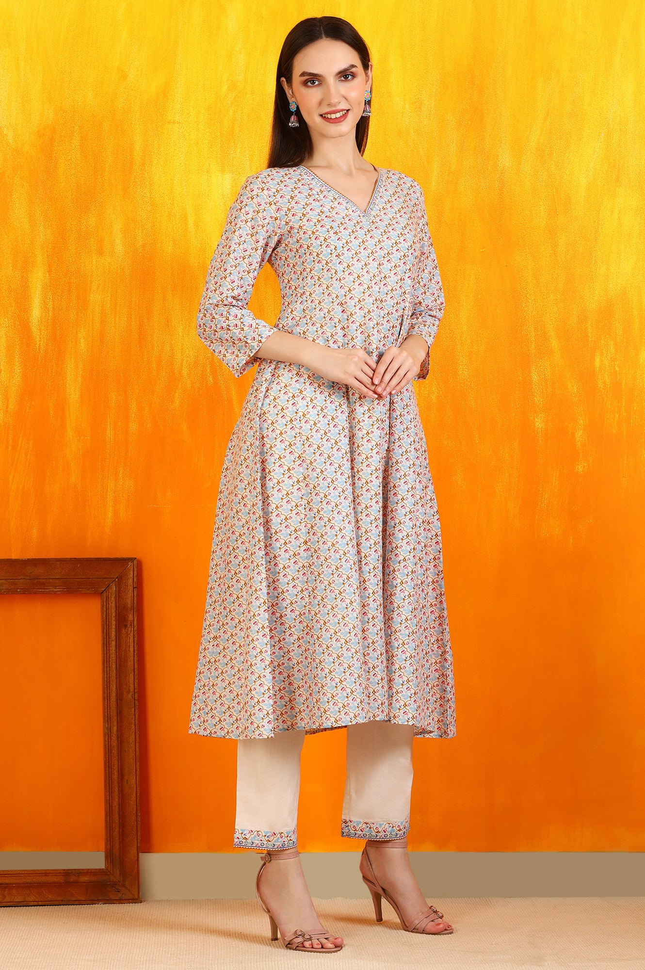 Off-White Floral Printed Pure Cotton Flared Kurta, Pants and Dupatta Set