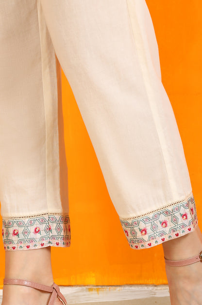 Off-White Floral Printed Pure Cotton Flared Kurta, Pants and Dupatta Set