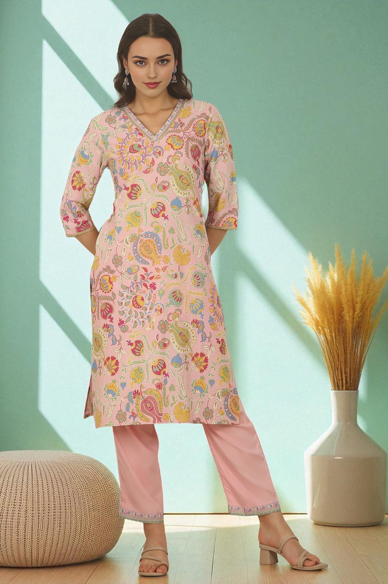 Pink Floral Printed Rayon Straight Kurta and Pants Set