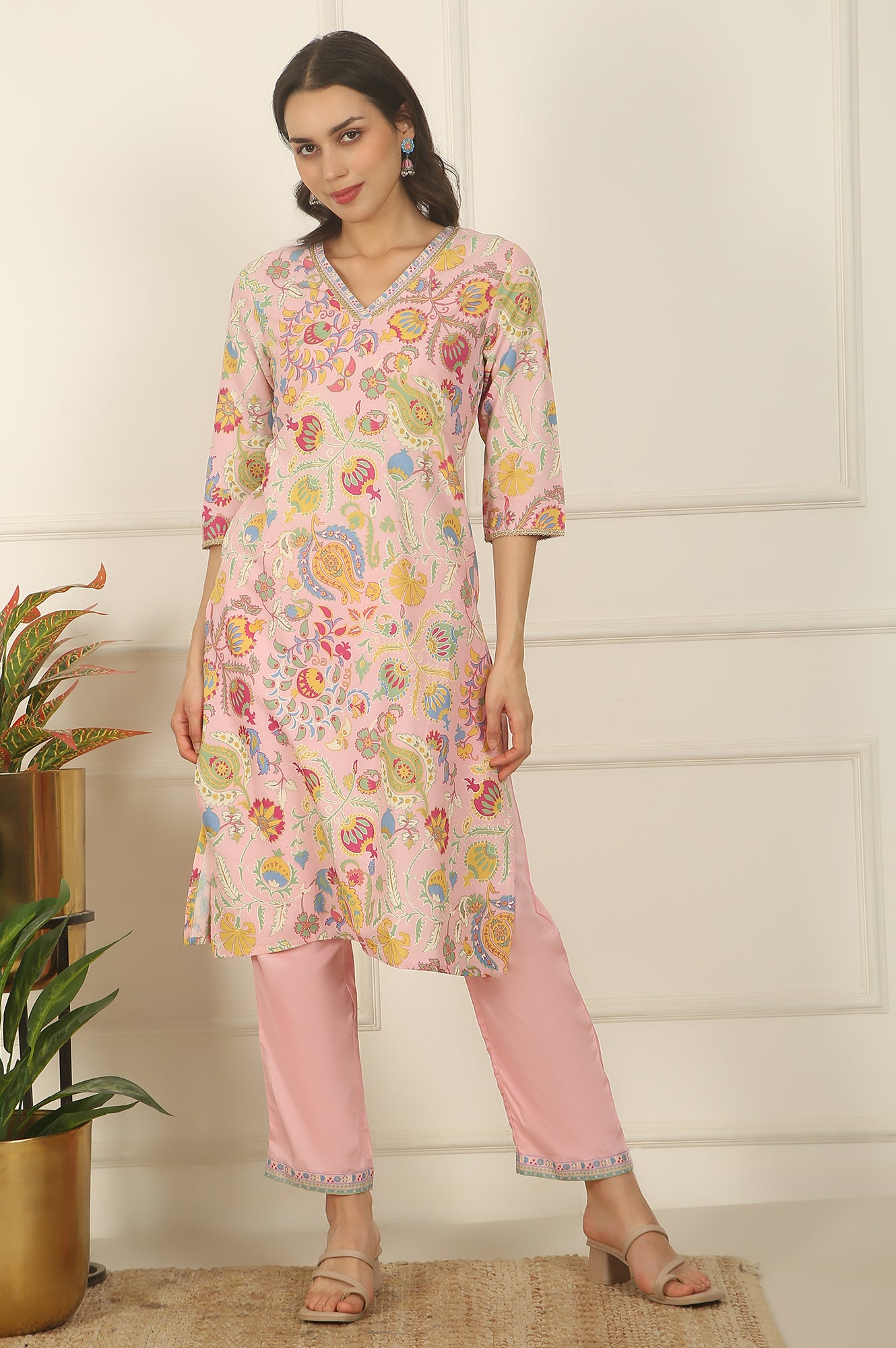 Pink Floral Printed Rayon Straight Kurta and Pants Set