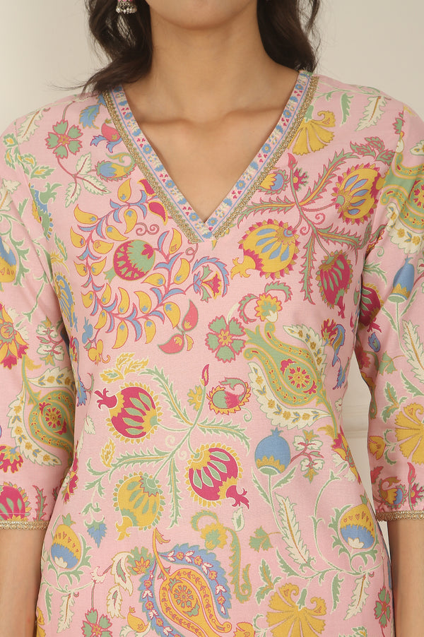 Pink Floral Printed Rayon Straight Kurta and Pants Set