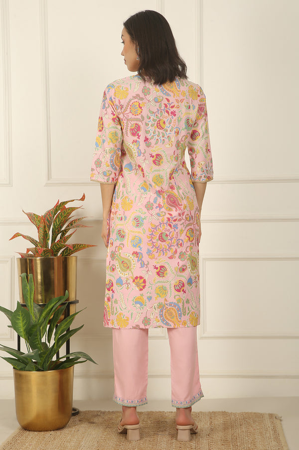 Pink Floral Printed Rayon Straight Kurta and Pants Set