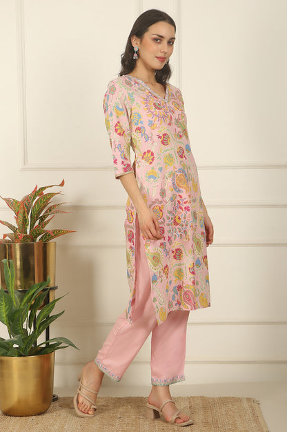 Pink Floral Printed Rayon Straight Kurta and Pants Set