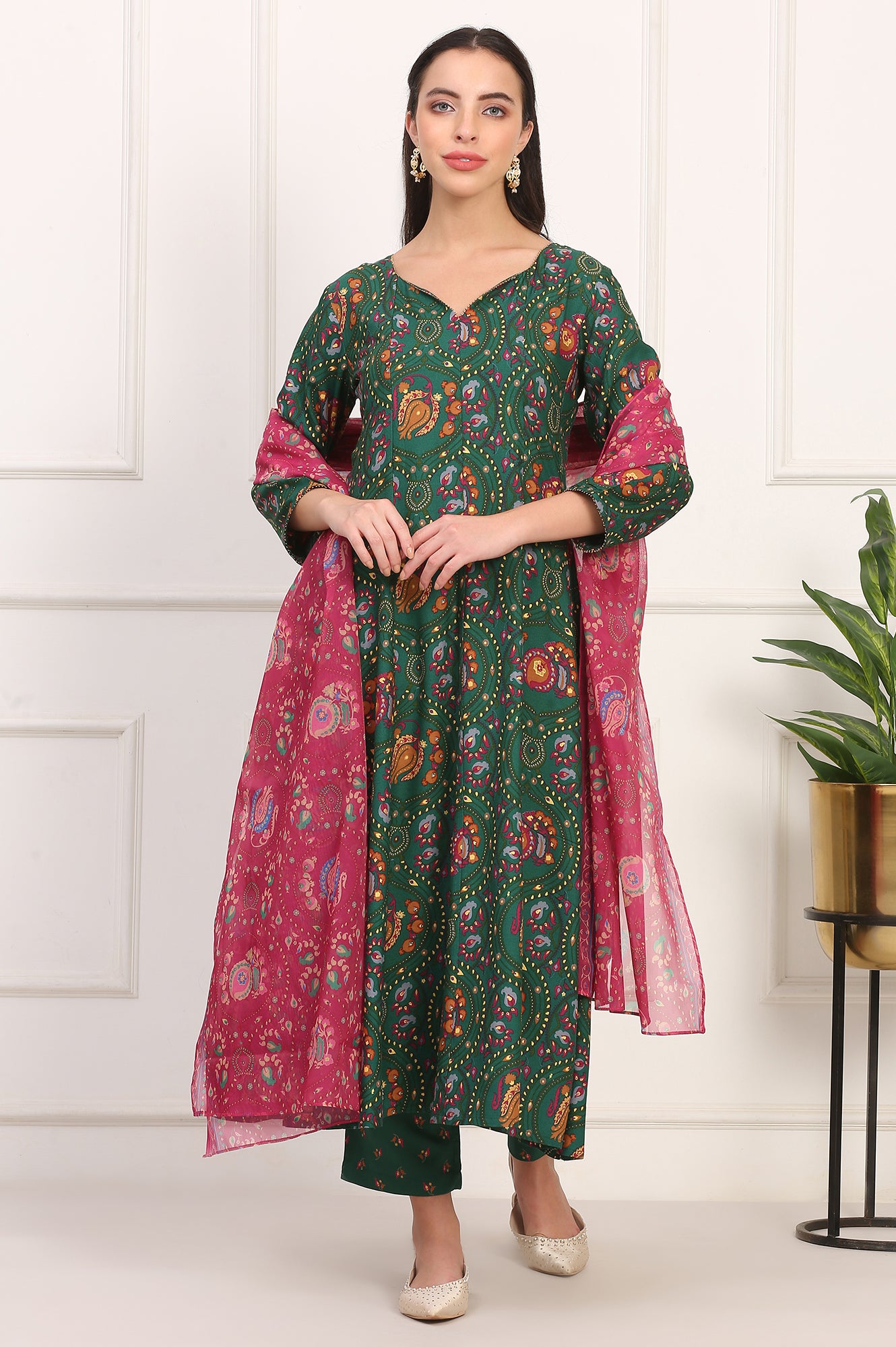Dark Green Floral Printed Flared Chanderi Kurta, Straight Pant and Dupatta Co-ord Set