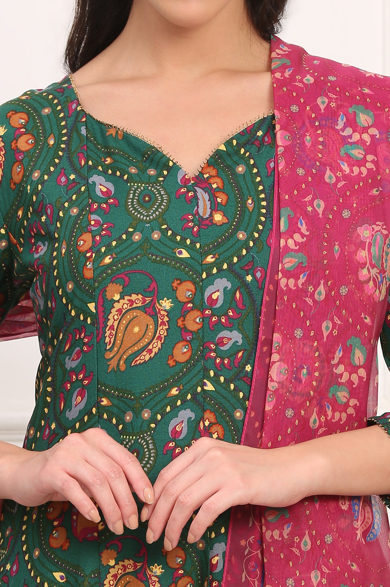 Dark Green Floral Printed Flared Chanderi Kurta, Straight Pant and Dupatta Co-ord Set