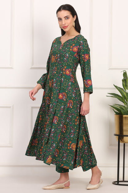 Dark Green Floral Printed Flared Chanderi Kurta, Straight Pant and Dupatta Co-ord Set