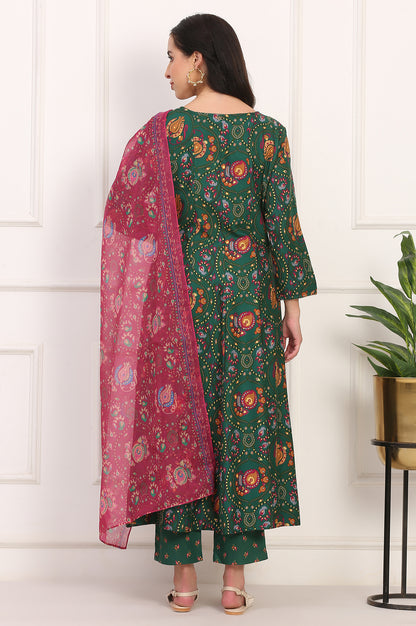 Dark Green Floral Printed Flared Chanderi Kurta, Straight Pant and Dupatta Co-ord Set