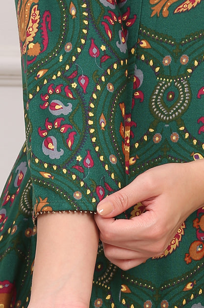 Dark Green Floral Printed Flared Chanderi Kurta, Straight Pant and Dupatta Co-ord Set