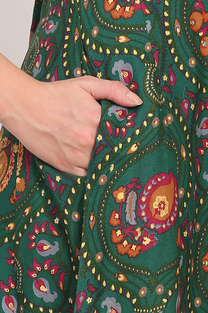 Dark Green Floral Printed Flared Chanderi Kurta, Straight Pant and Dupatta Co-ord Set