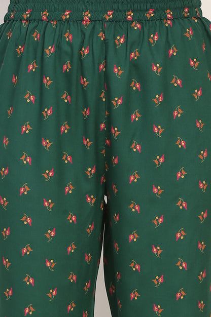 Dark Green Floral Printed Flared Chanderi Kurta, Straight Pant and Dupatta Co-ord Set