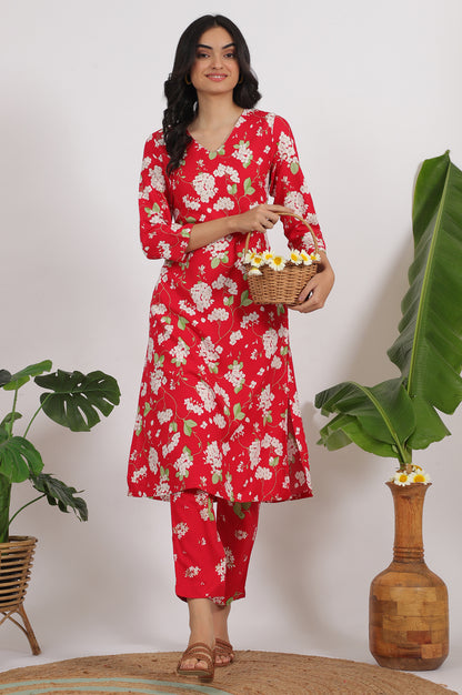 Red Floral Printed Beaded Rayon Straight Kurta and Pants Co-ord Set