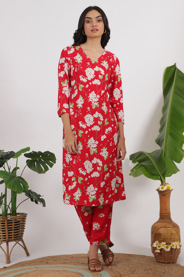 Red Floral Printed Beaded Rayon Straight Kurta and Pants Co-ord Set