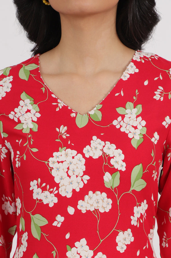 Red Floral Printed Beaded Rayon Straight Kurta and Pants Co-ord Set