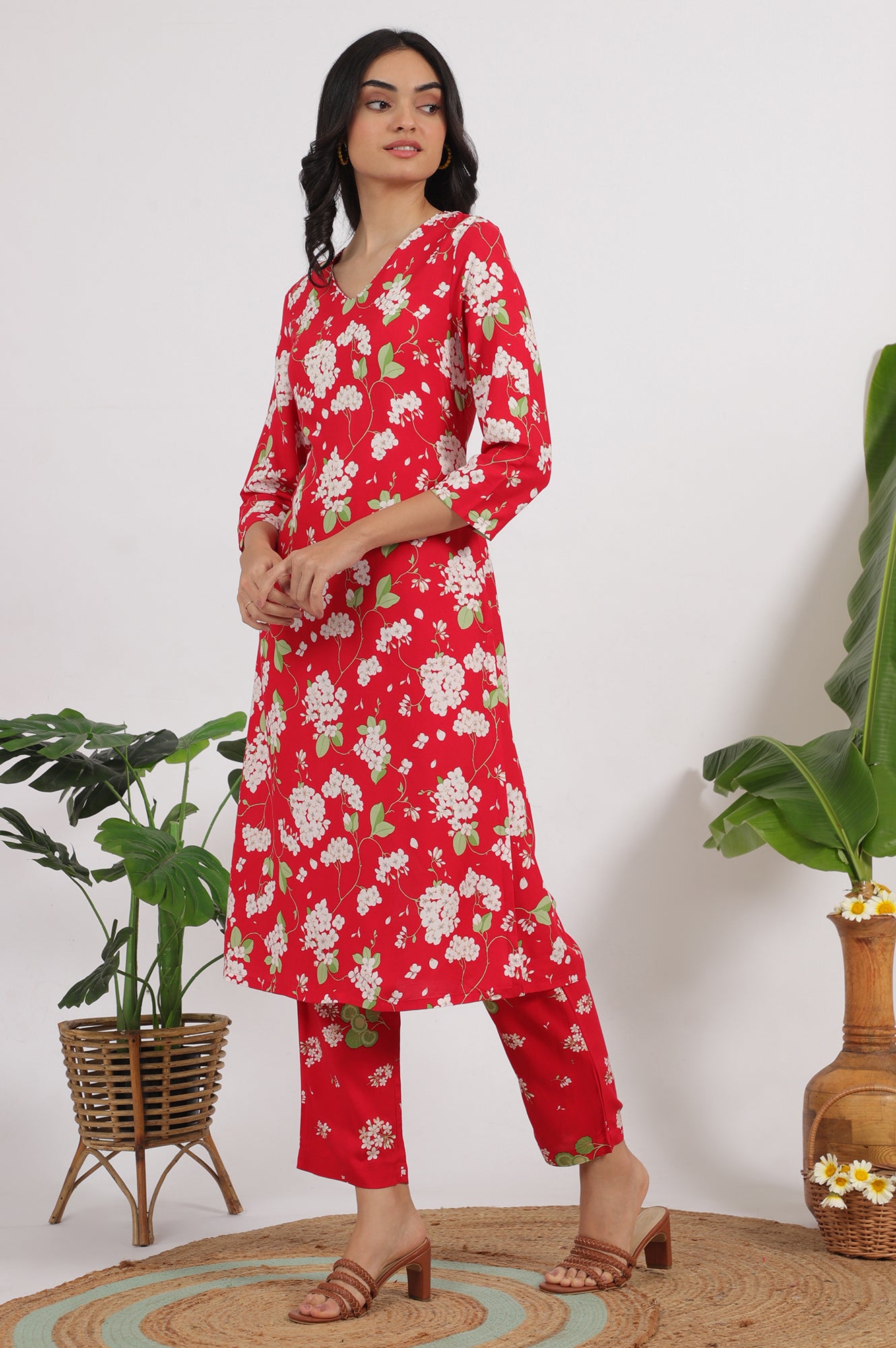 Red Floral Printed Beaded Rayon Straight Kurta and Pants Co-ord Set