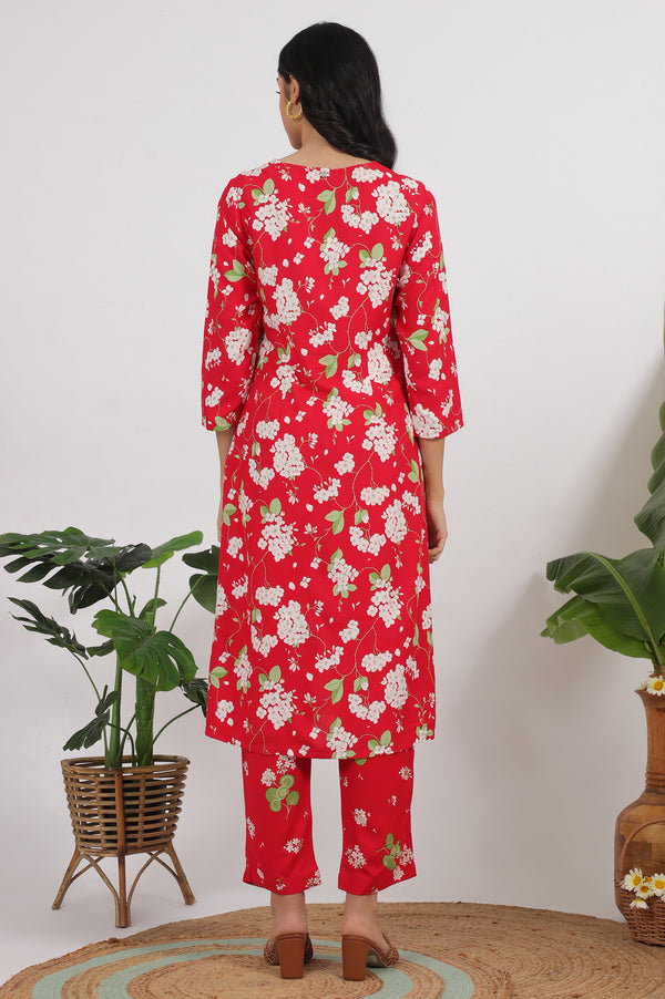 Red Floral Printed Beaded Rayon Straight Kurta and Pants Co-ord Set