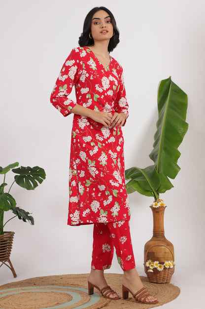 Red Floral Printed Beaded Rayon Straight Kurta and Pants Co-ord Set