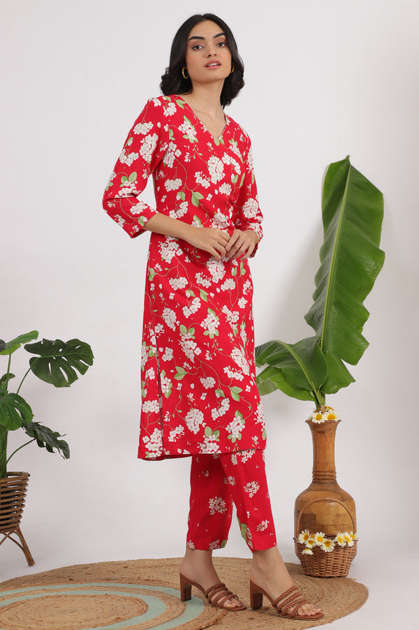 Red Floral Printed Beaded Rayon Straight Kurta and Pants Co-ord Set