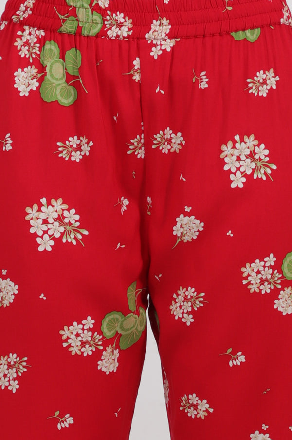 Red Floral Printed Beaded Rayon Straight Kurta and Pants Co-ord Set