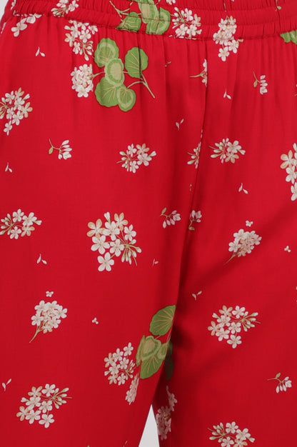 Red Floral Printed Beaded Rayon Straight Kurta and Pants Co-ord Set