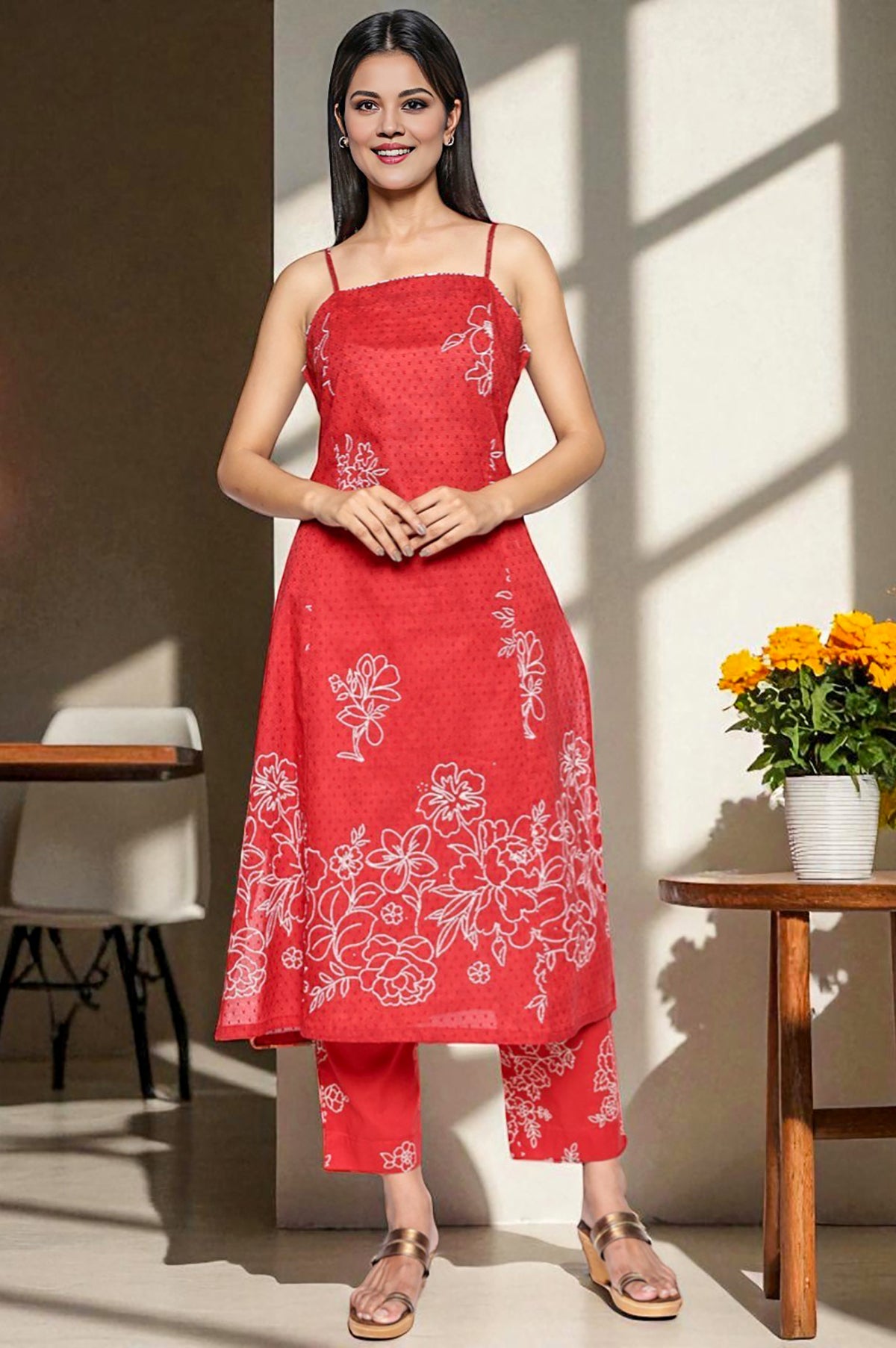 Carmine Red Printed Pure Cotton Straight Kurta, Straight Pant and Dupatta Set - M