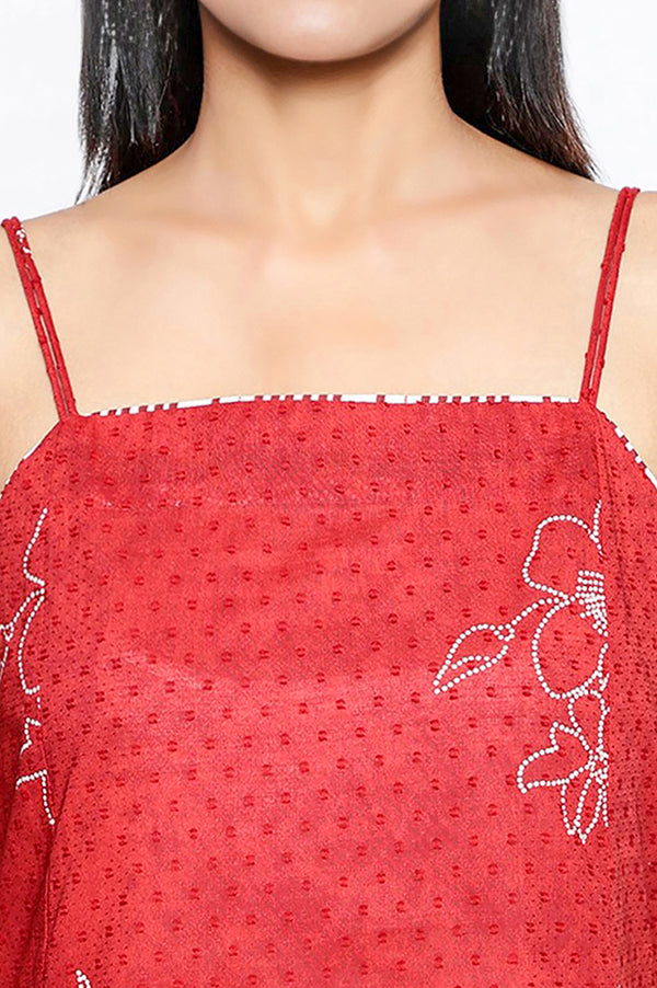 Carmine Red Printed Pure Cotton Straight Kurta, Straight Pant and Dupatta Set