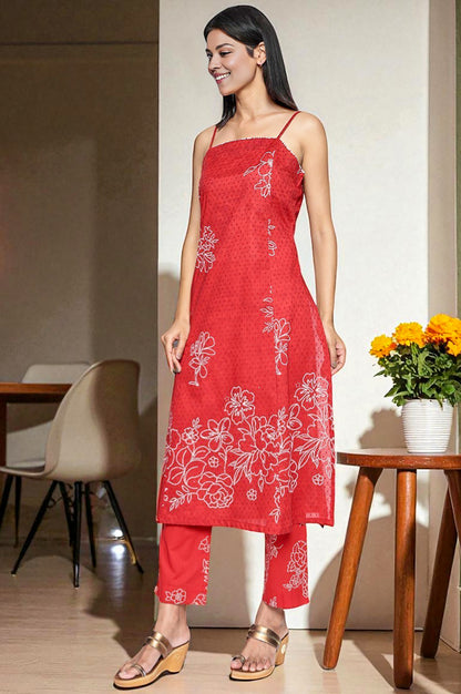 Carmine Red Printed Pure Cotton Straight Kurta, Straight Pant and Dupatta Set