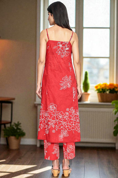 Carmine Red Printed Pure Cotton Straight Kurta, Straight Pant and Dupatta Set